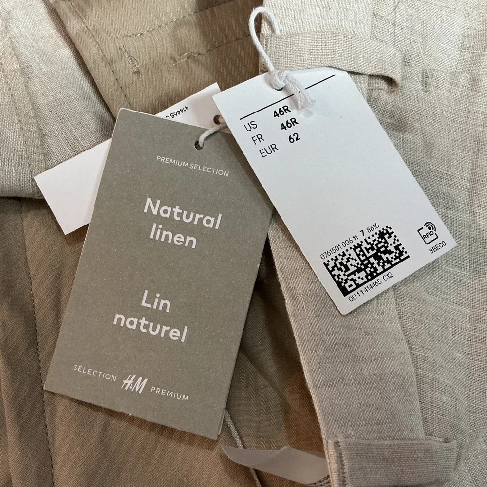 H&M Size 46R Natural 100% Linen‎ Slim Fit Men's Suit Pants NEW Lightweight